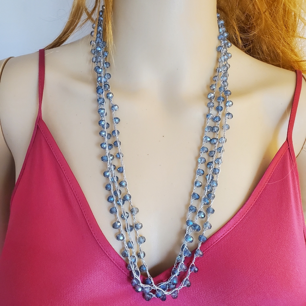 Long Grey Blue Sparkly Crystal Bead Necklace - Picture 11 of 12
